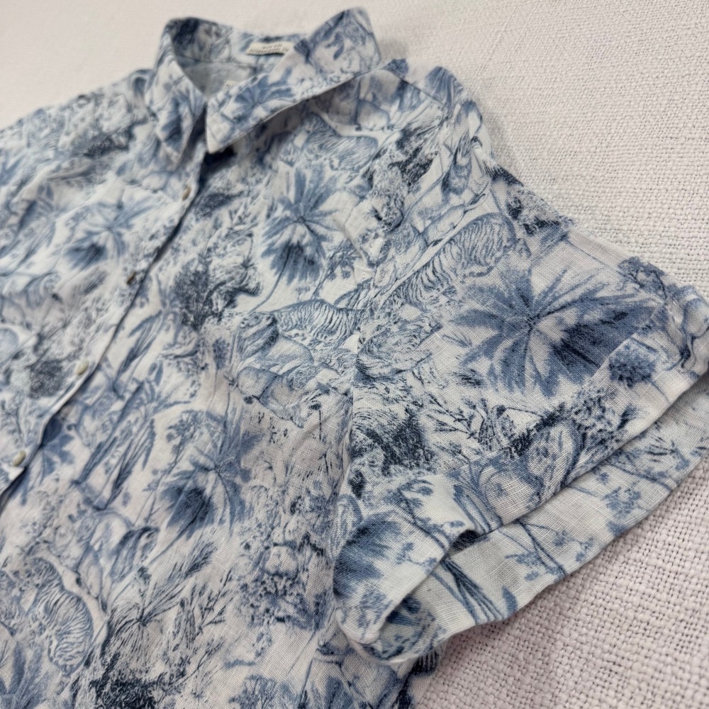 Rachel Zoe 100% Linen Blue White Toile Jungle Print Button Down Women's Large - Picture 3 of 9